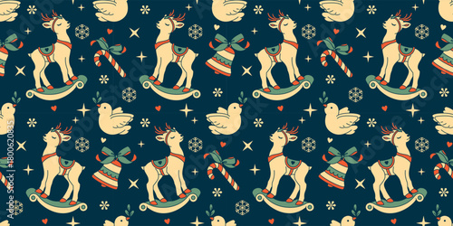 A seamless Christmas pattern featuring a rocking deer, holiday decorations, and candies against a night sky