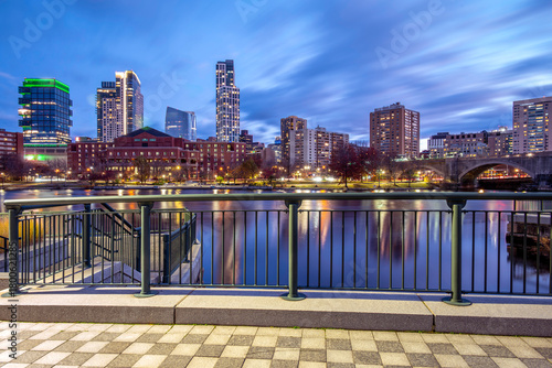 View of the iconic architecture of Boston in Massachusetts, USA at night showcasing the North End of the city with its mix of contemporary and historic buildings.