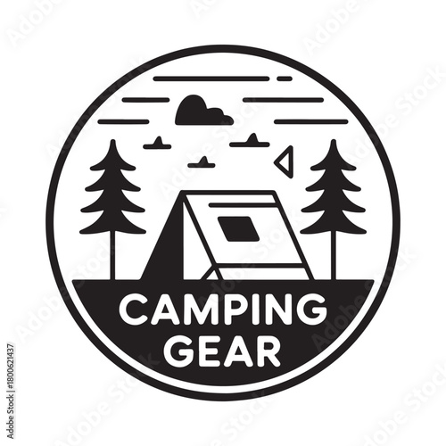 Circular camping gear logo with tent and trees