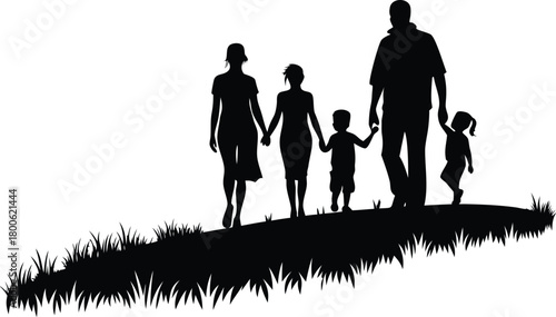 Family Silhouette Walking Hill Grass transparent Background vector illustration