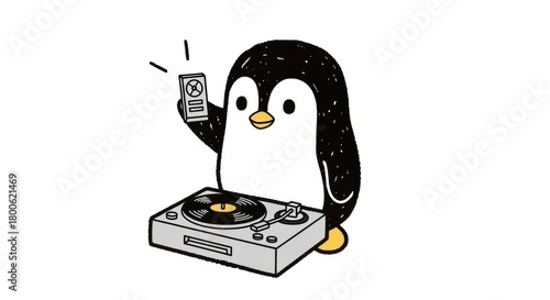 Cheerful cartoon penguin DJ spinning vinyl records with a playful doodle style design