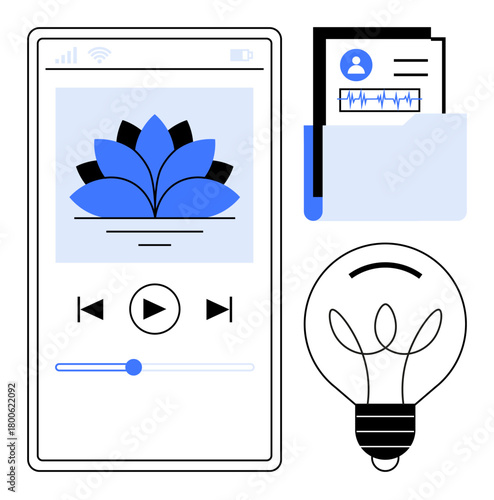 Smartphone app displaying a lotus flower, medical documents in a folder, and a light bulb. Ideal for wellness, mindfulness, innovation, meditation, health records, app design simple flat metaphor
