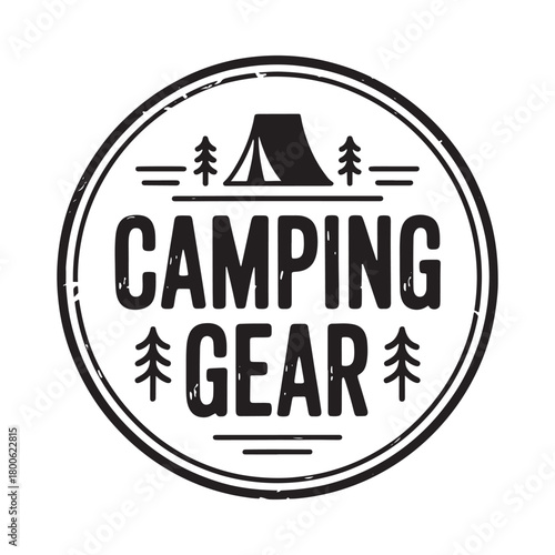 Vintage camping gear emblem with tent and trees