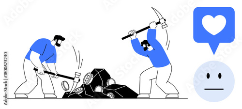 Two men using sledgehammer and pickaxe on rocks, heart icon in thought bubble, neutral facial emotion. Ideal for hard work, effort, teamwork, emotions, dedication, perseverance simple flat metaphor