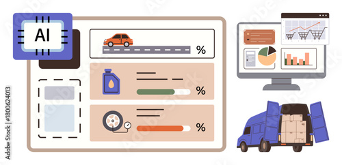 AI chip connected to logistics data, truck with boxes, analytics dashboard, and metrics tracking workflow. Ideal for logistics, AI, automation, supply chain, analytics data visualization smart