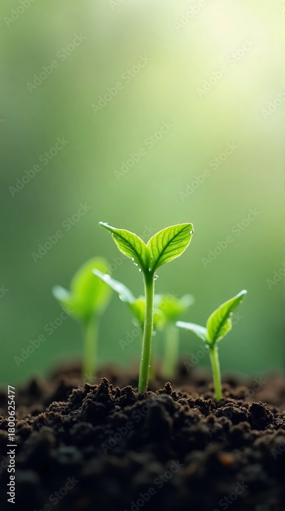 Fototapeta premium Close-up of several small, vibrant green sprouts emerging from dark, rich soil, with a soft, blurred green background.