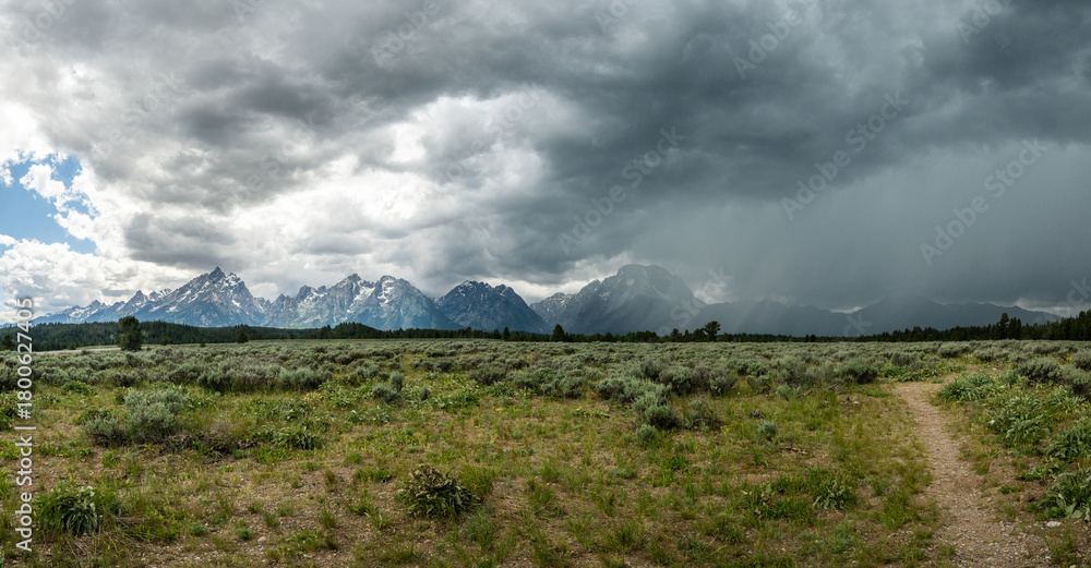 Fototapeta premium Narrow Trail Heads Toward Rainy Grand Teton Mountains