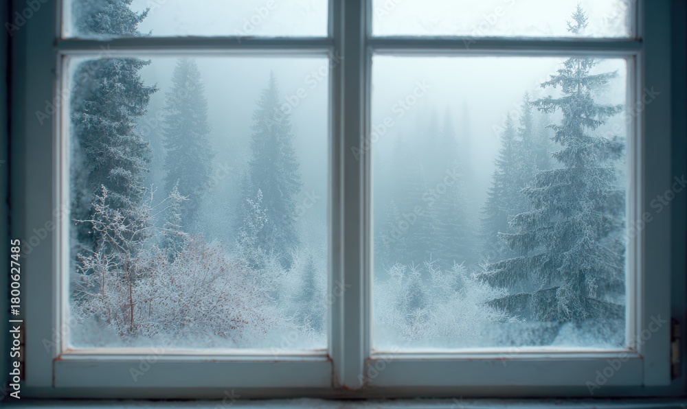 Naklejka premium A window with a view of trees covered in snow