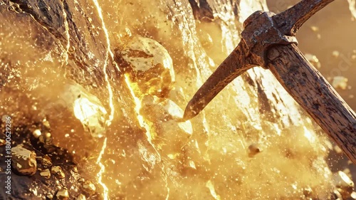 Pickaxe breaking rock revealing gold nuggets, creating particles. Close-up, shiny textures, sunlight