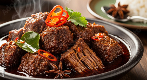 Indonesian beef rendang with thick, dark, caramelized coconut gravy, tender meat fibers visible in a rich close-up shot