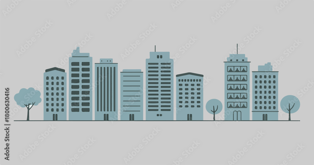 Fototapeta premium City Skyline with Tall Buildings and Trees on Gray Background skyscrapers architecture