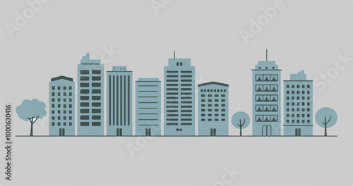 City Skyline with Tall Buildings and Trees on Gray Background skyscrapers architecture