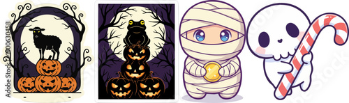 Cute Halloween characters including a mummy and a ghost with candy cane