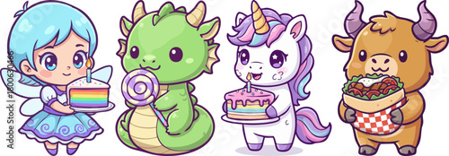 Cute fairy dragon unicorn bull with birthday cake and food