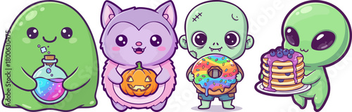 Cute Halloween characters holding treats and drinks