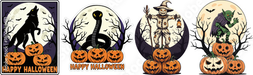 Halloween creatures howl and slither under spooky moon