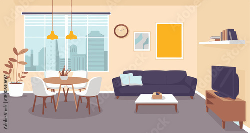 Cozy Apartment Living Room With City View And Dark Blue Sofa interior home