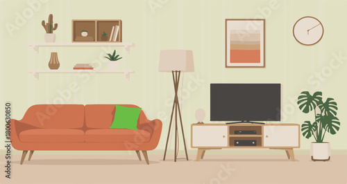 Cozy living room with orange sofa and television set Keywords: living room, interior, sofa, couch, television, tv