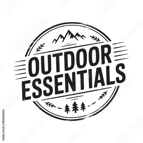 Outdoor essentials emblem with mountains and trees