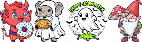 Cute Halloween characters with holiday treats and symbols