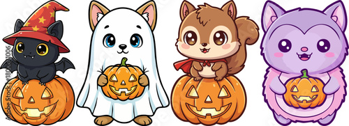 Cute Halloween creatures with pumpkins and costumes