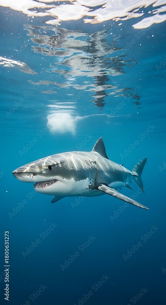 Fototapeta premium Great White Shark Swimming in the Deep Blue Ocean.
