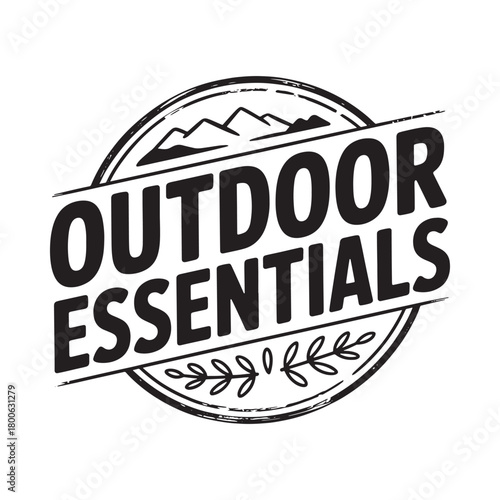 Outdoor essentials brand logo with mountains and leaves