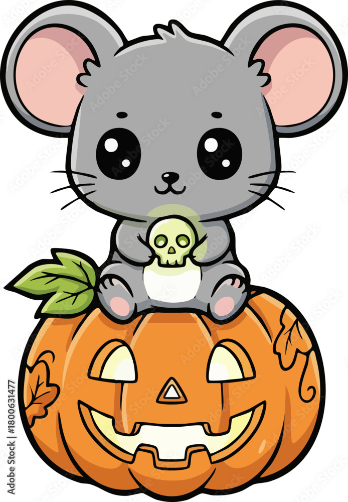 Obraz premium Cute cartoon mouse on a Halloween pumpkin holding a tiny skull lantern