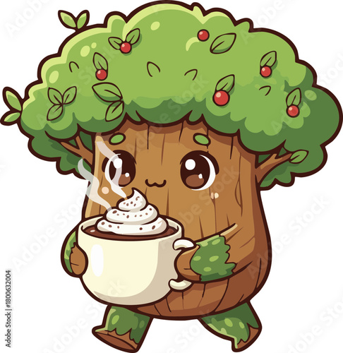 Cute walking tree character holding a hot beverage with whipped cream