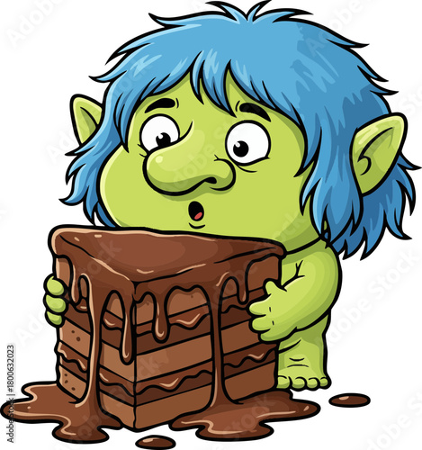 Surprised cartoon character with delicious chocolate cake