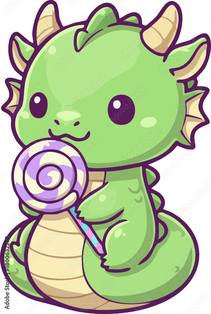 Obraz premium Cute baby dragon holding a lollipop sweet candy