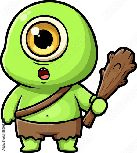 Cute cartoon cyclops character holding a wooden club