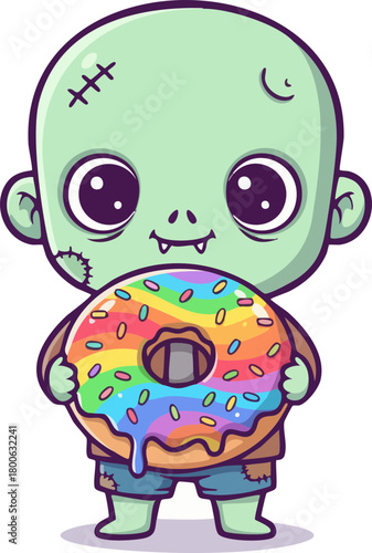 Cute cartoon zombie holding a colorful rainbow donut