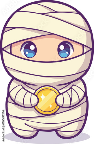 Cute mummy character holding a gold coin cartoon illustration