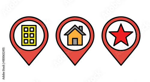 Free Download Location Pin Icons with Building House and Star on White Background vector illustration - GFXLoad