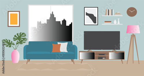 Living room with blue sofa, city view through window and television Keywords: living room, interior, sofa, couch