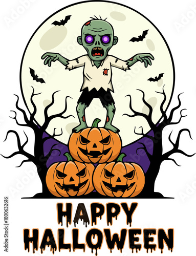 Spooky Halloween zombie with pumpkins and bats