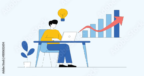 Man at desk with laptop, bar graph, rising arrow, and yellow lightbulb working typing