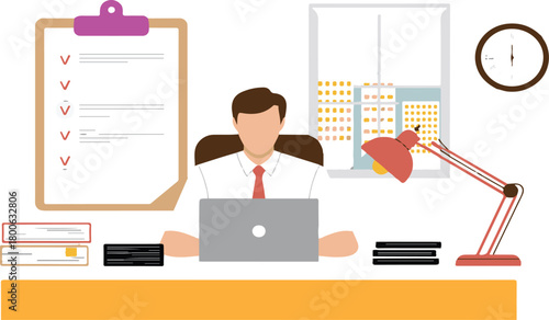 Man Working at Desk with Laptop and Checklist on White Background adult alert