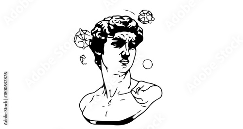 Neo-Classical Vector Line Illustration of David Bust with Geometric Abstract Shapes and Modern Technical Drawing Style