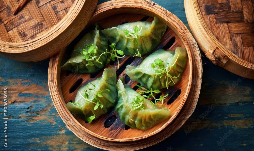 Fototapeta premium A bowl of dumplings with green herbs on top