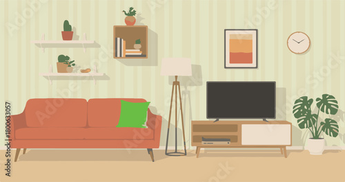 Minimalist Living Room With Orange Sofa And Floor Lamp Keywords: living room, interior, sofa, couch, television, tv
