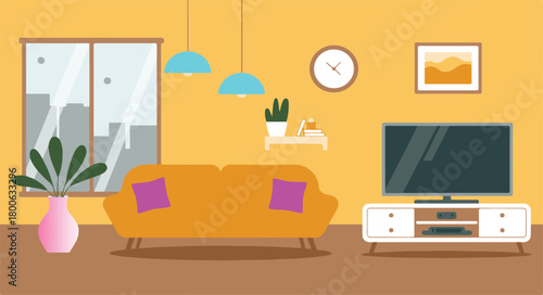 Modern Living Room Interior With Orange Sofa And Television Keywords: living room, interior, sofa, couch, television