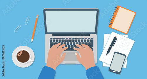 Overhead View of Hands Typing on Laptop with Coffee and Notebook vector illustration