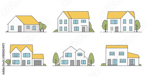 Set of Six Different House Illustrations with Trees and Garages Keywords: houses, homes, residential, architecture