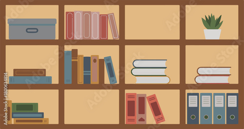 Shelves filled with books, binders, and a potted plant bookcase storage