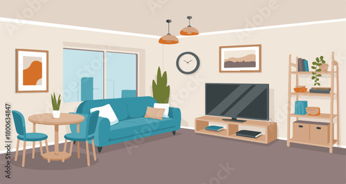 Stylish Living Room With Blue Sofa Dining Table And Shelving Keywords: living room, interior, sofa, couch, dining
