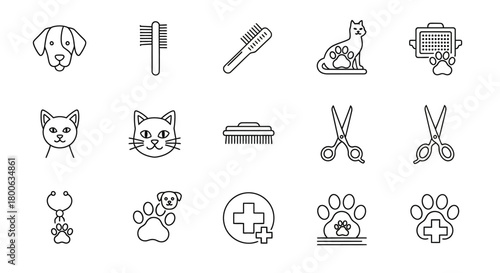 Collection of pet care icons for grooming and health