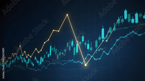 Financial stock market graph with candlestick chart and line graph on dark blue background