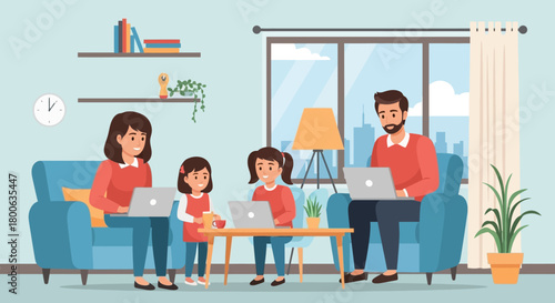 Family working from home together in the living room with laptops